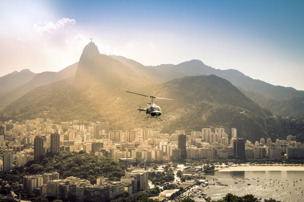 Helicopter flying above Rio de Janeiro Brazil.
